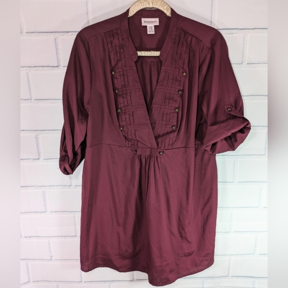 Motherhood Burgundy Pleated Front Blouse Roll Tab Sleeves